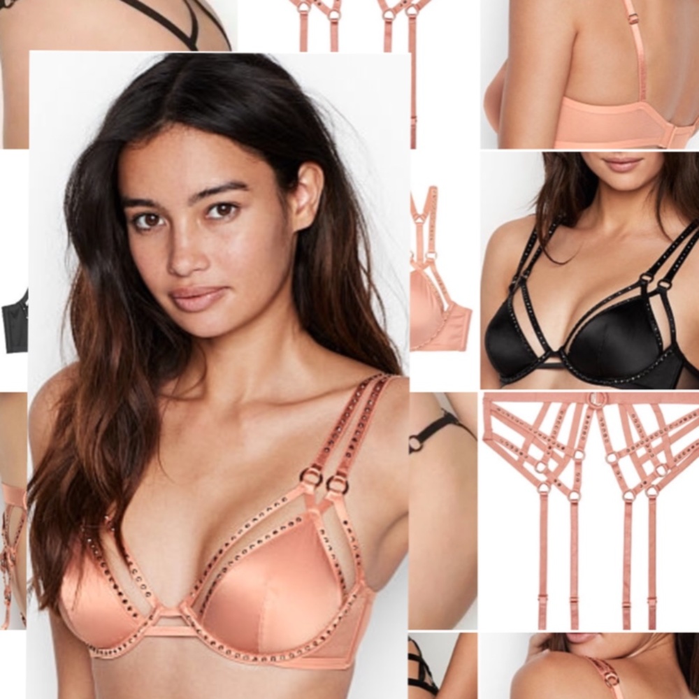 Victoria’s Secret Swarovski Crystal Pink satin w/crystals Bra and garter set NWT